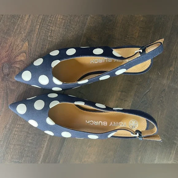 NEW TORY BURCH Navy Blue White Polka Dot Kitten Heel Sling Back Shoes Size 7